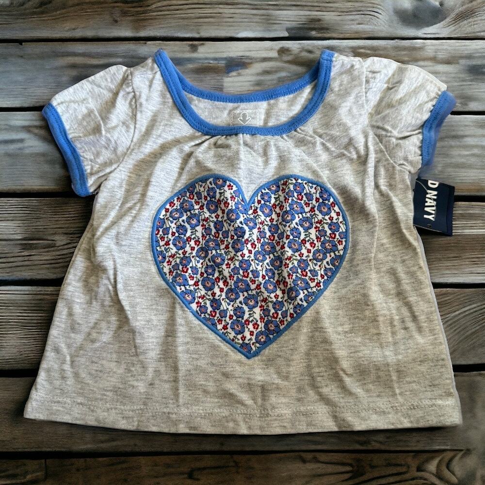 Old Navy Girls Top Sz 3-6 Mo Gray Blue Heart Floral Print Applique Short‎ Sleeve